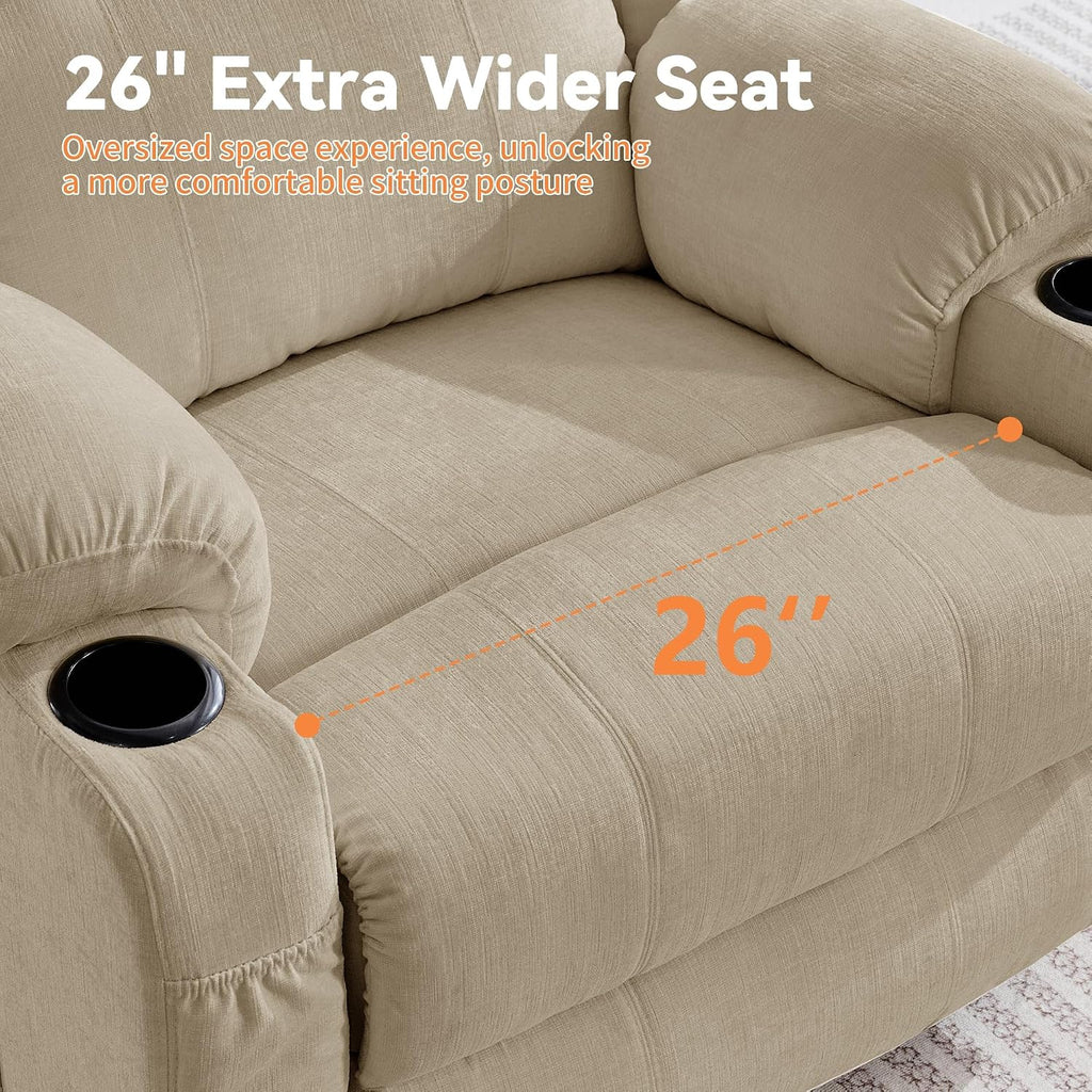 Korser Oversized Recliner Chair, 360° Swivel Recliner for Adults, Swivel Rocker Recliner Chair with Heat and Massage, Manual Recliner with Remote Control and Cup Holders for Living Room, Chenille