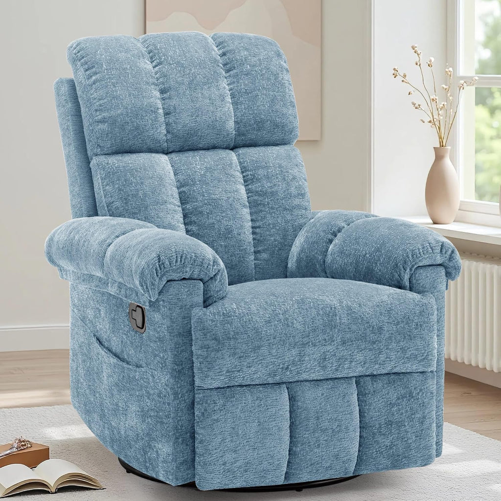 Korser Recliner Chair, Swivel Rocker Recliner Chair for Adults, Small Recliners for Small Spaces, Manual Recliner Chair with Side Pockets, Nursery Rocking Chair for Living Room, Chenille, Airy Blue