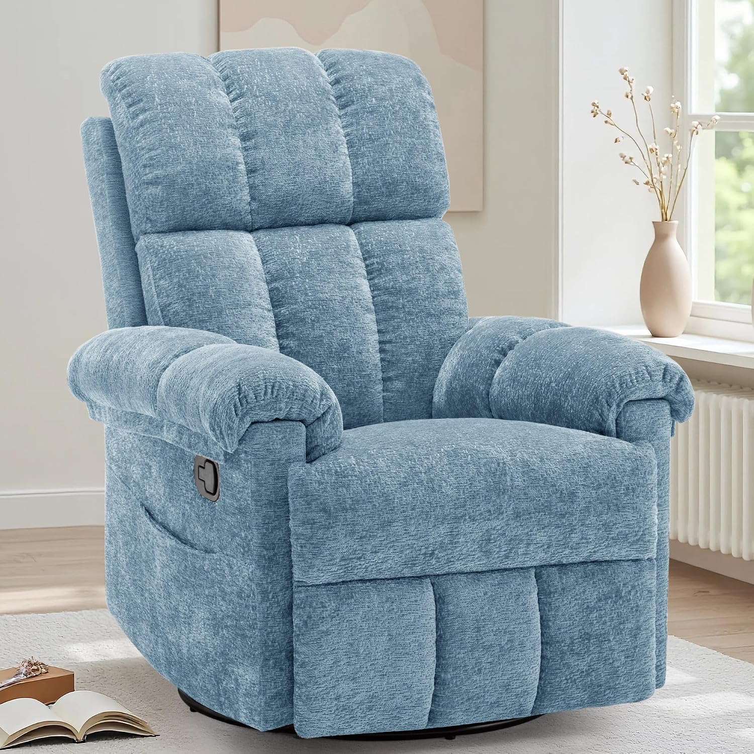 Korser Recliner Chair, Swivel Rocker Recliner Chair for Adults, Small Recliners for Small Spaces, Manual Recliner Chair with Side Pockets, Nursery Rocking Chair for Living Room, Chenille, Airy Blue