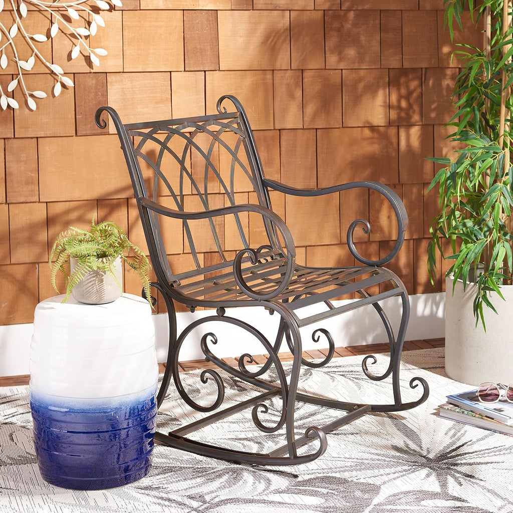SAFAVIEH Outdoor - Medrano Iron Rocking Chair - Black Rust Iron Metal - Vintage Ornate Scrollwork Design - Ideal for Patio, Deck, Porch, Garden, 15' Seat Height (PAT5030E)