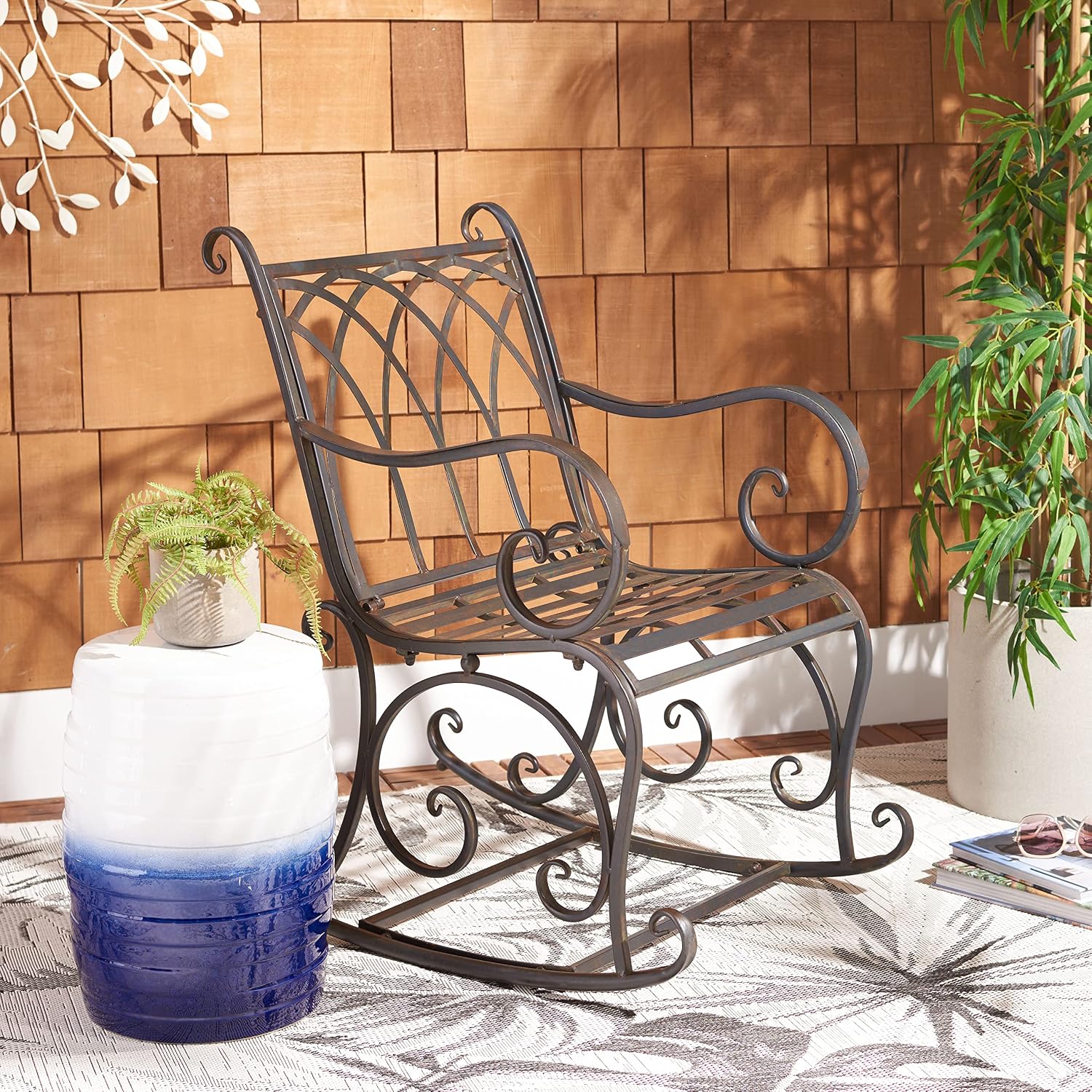 SAFAVIEH Outdoor - Medrano Iron Rocking Chair - Black Rust Iron Metal - Vintage Ornate Scrollwork Design - Ideal for Patio, Deck, Porch, Garden, 15' Seat Height (PAT5030E)