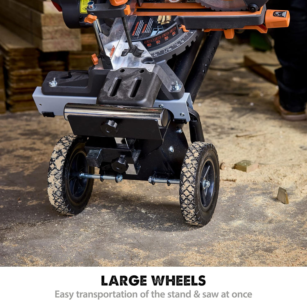 Evolution Power Tools Miter Saw Stand PLUS - Compact Folding Stand with Extendable Arms, Large Wheels, Universal Fittings for Most Brands Evolution, Makita, DeWalt, Bosch, Ryobi, Einhell and Metabo