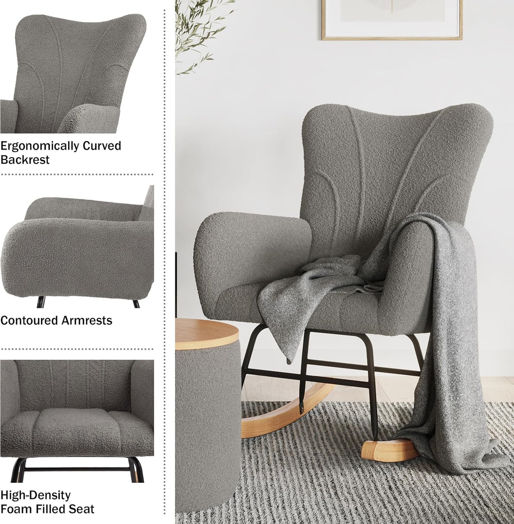 Rocking Chair - Teddy Fabric Upholstered Chair with Padded Seat and Contoured Armrests - Ergonomic Modern Rocker for Bedroom by Lavish Home (Gray)