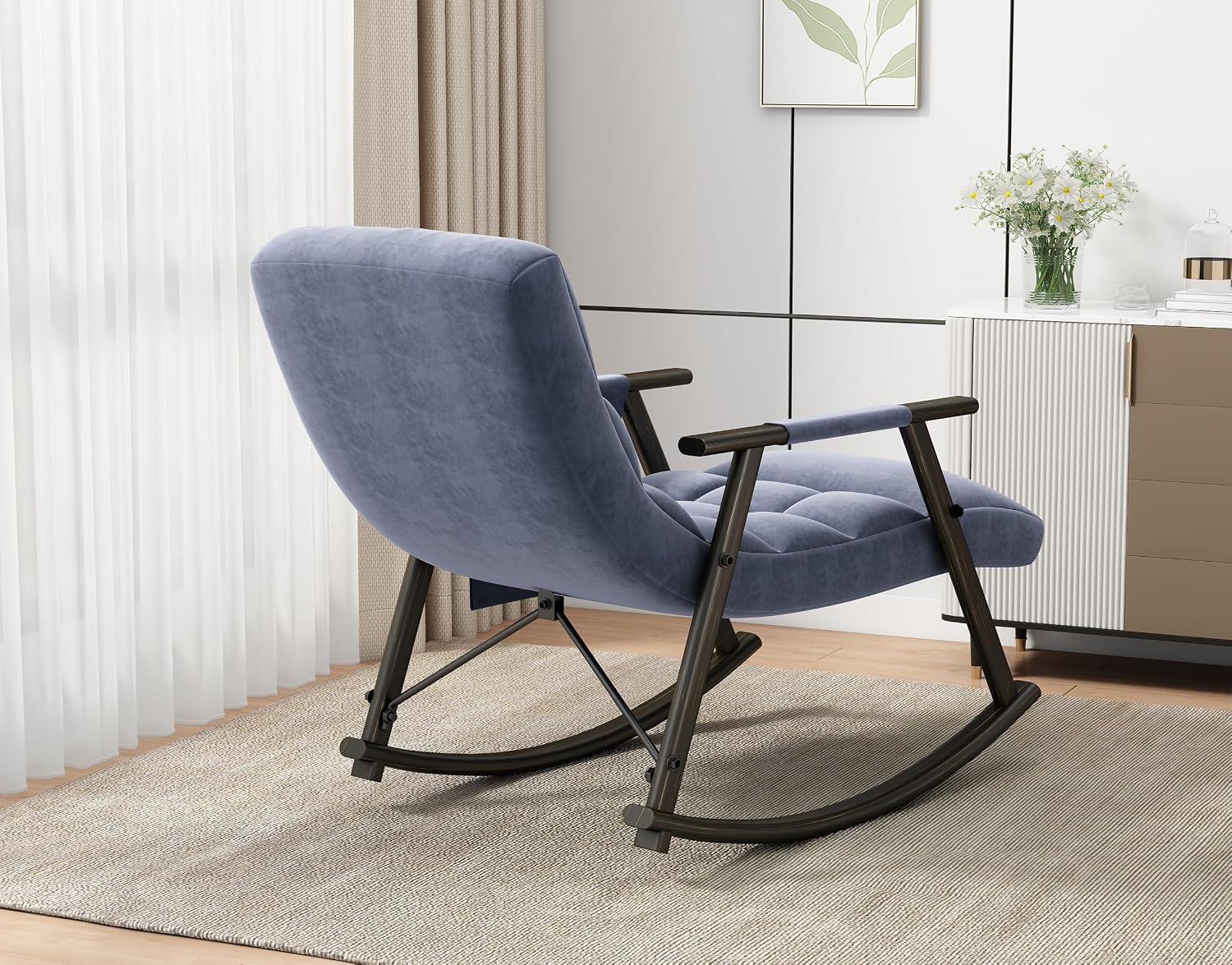LUMISOL Modern Blue Velvet High Back Recliner Rocking Chair with Adjustable Footrest, Side Pockets, Indoor Use, Adult Size, 42.2'L x 23.3'W x 34.7'H, 300 lbs Capacity