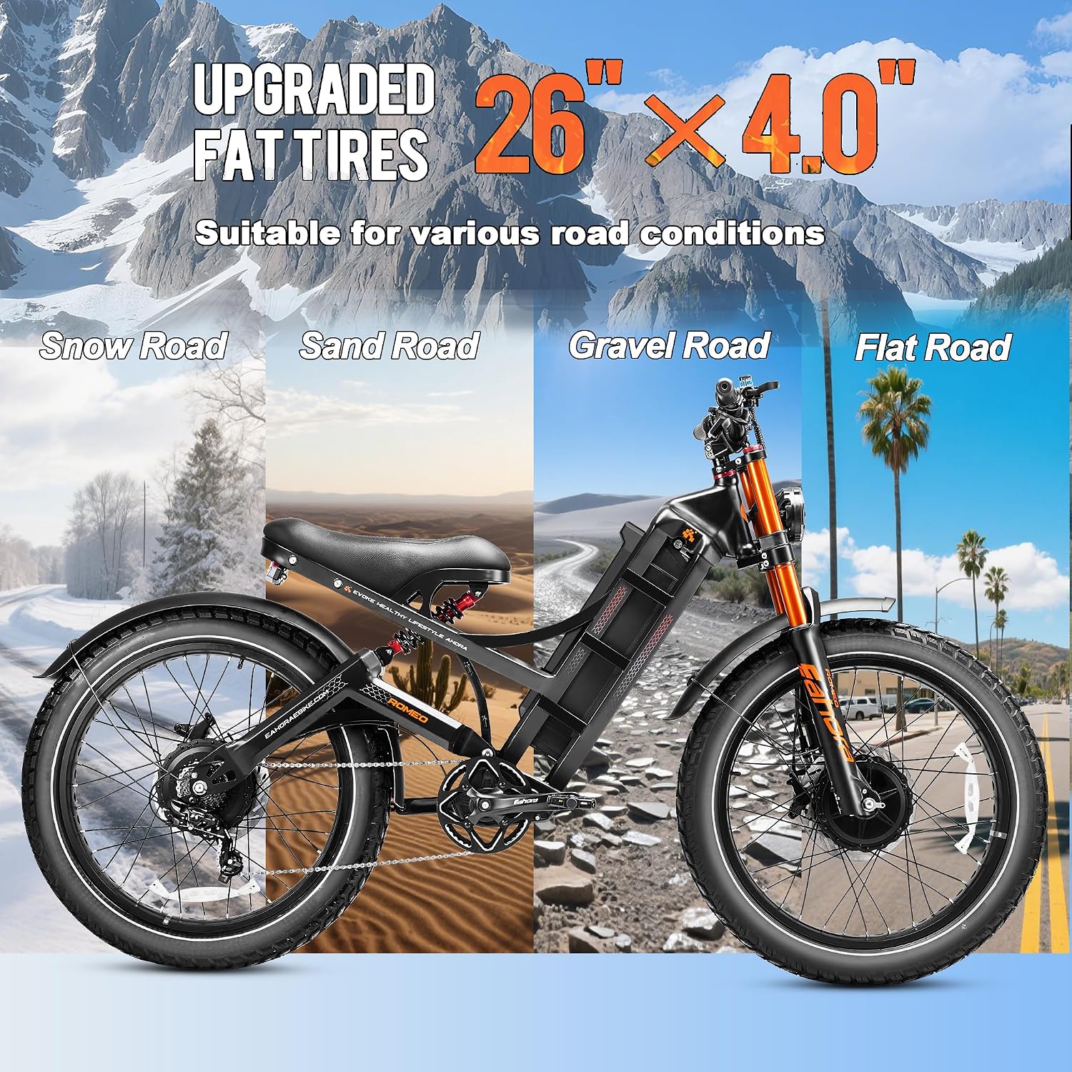 2026 eAhora Romeo Pro 3 Electric Bike for Adult, Peak 5600W Dual Motor, 50mph, 60V 80Ah Battery, 250 Miles Long Range, 26'*4.0 Fat Tire, Air Suspension, App, Commute, Delivery, All-terrian