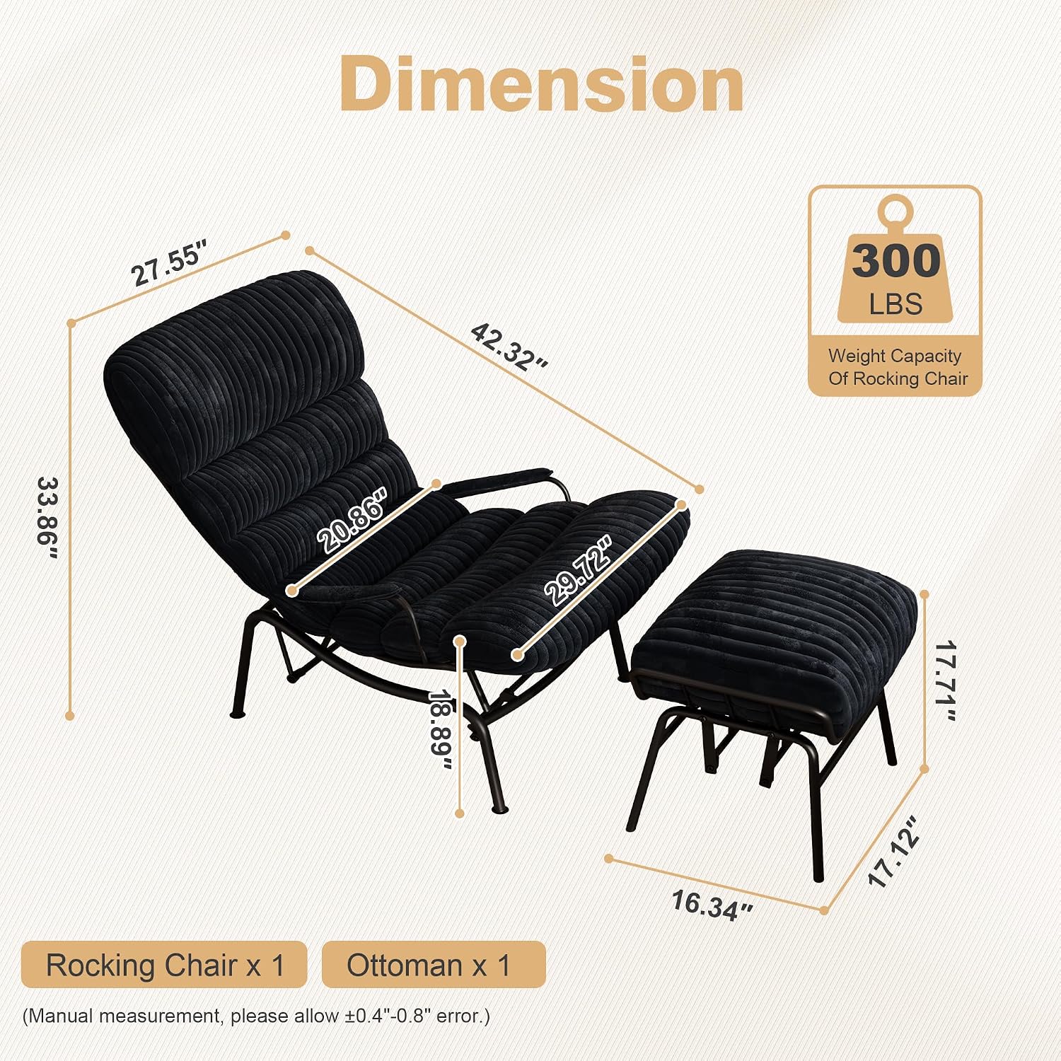 ovios Glider Rocking Chair with Ottoman, Mid-Century Modern Recliner Chair with Footrest, Comfy Gliding Rocker Lazy Accent Armchair for Living Room Bedroom, Cloud Plush Corduroy, Black