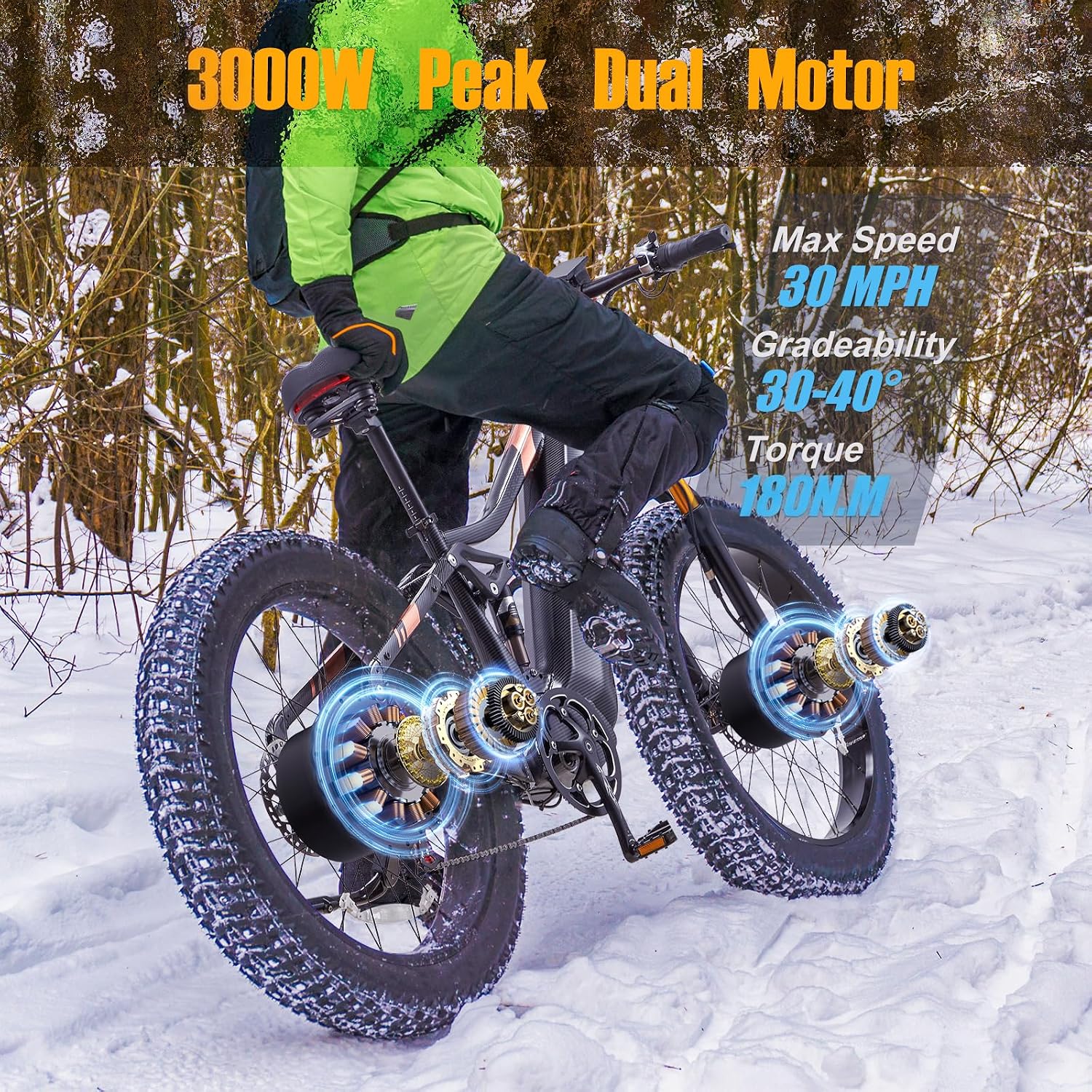 DAMSON Electric Bike for Adults Dual Motor AWD 5000W/3000W/1500W Peak 40MPH/30MPH Dirt Ebike, 52V/48V Max-Output Up to 65/80/120/160 Miles Long Range, 26' Full Suspension Fat Tire Mountains Bicycle