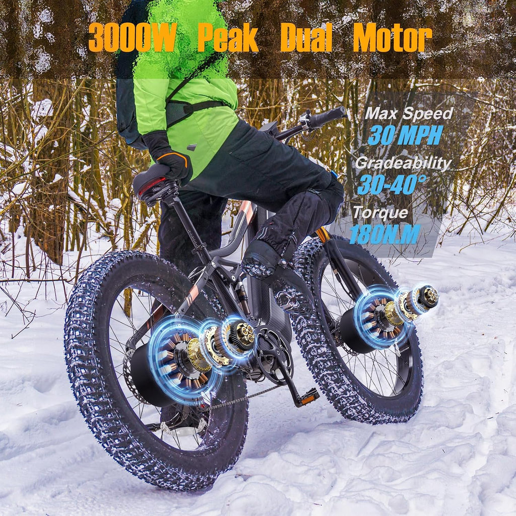 DAMSON Electric Bike for Adults Dual Motor AWD 5000W/3000W/1500W Peak 40MPH/30MPH Dirt Ebike, 52V/48V Max-Output Up to 65/80/120/160 Miles Long Range, 26' Full Suspension Fat Tire Mountains Bicycle