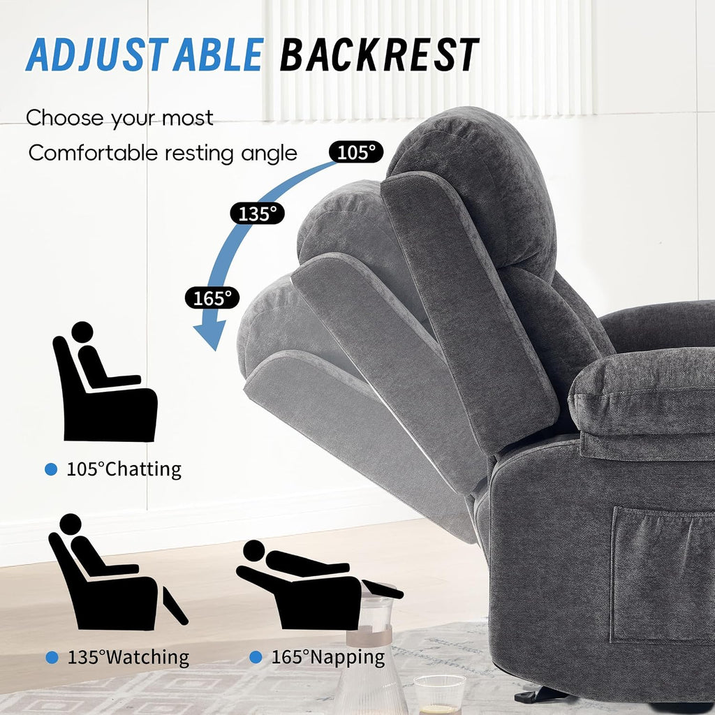 Manual Rocker Recliner Chair for Adults with Vibration Massage,Glider Rocking Recliner for Living Room Bedroom Nursery, Overstuffed Reclining Sofa Chair with Pockets and Cup Holds,Dark Grey