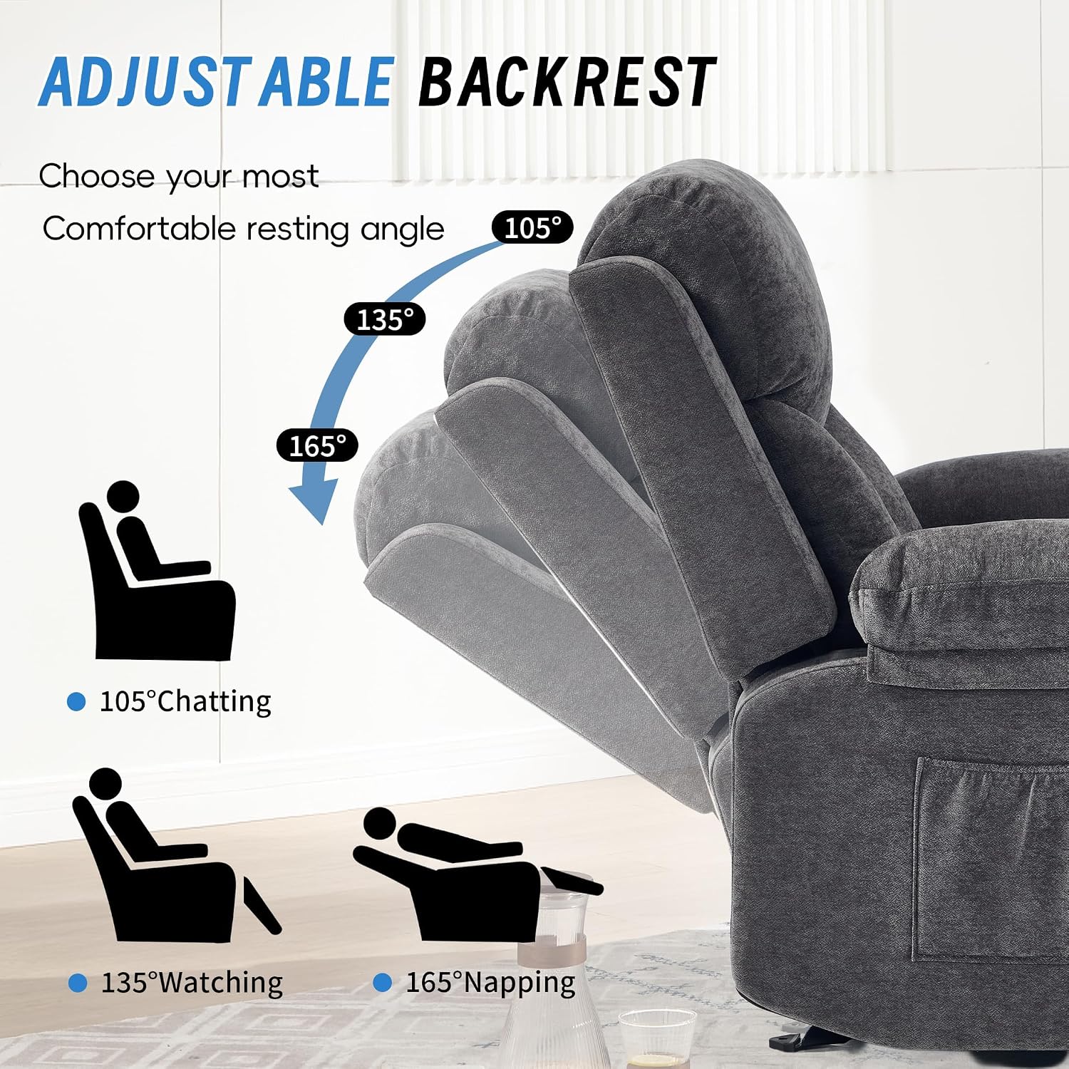 Manual Rocker Recliner Chair for Adults with Vibration Massage,Glider Rocking Recliner for Living Room Bedroom Nursery, Overstuffed Reclining Sofa Chair with Pockets and Cup Holds,Dark Grey
