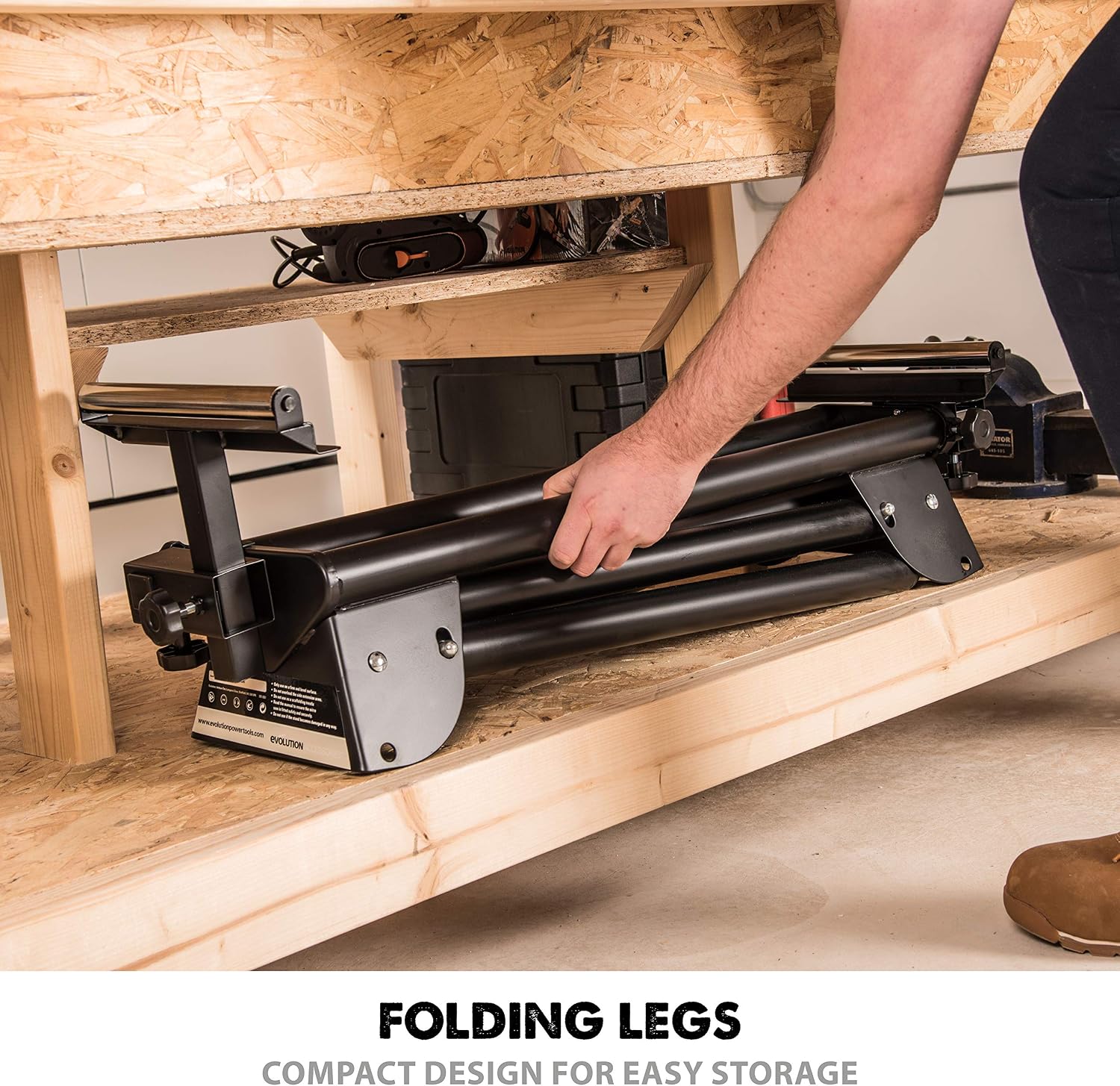 Evolution Power Tools EVOMS1 Miter Saw Stand Compact & Folding, Universal Fits Most Brands, Quick Release Mounting Brackets, Rollers, End Stops for Repeat Cutting , Black