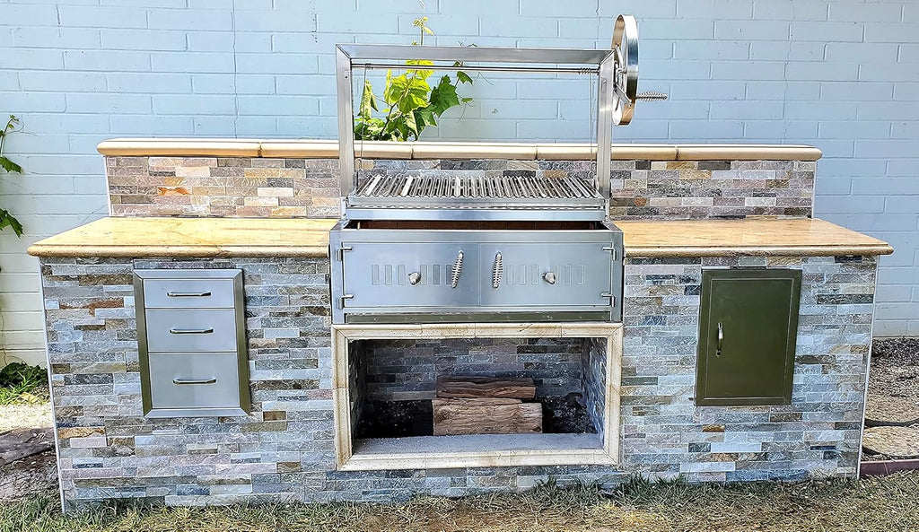 Built In/Table Top Charcoal Outdoor BBQ, Stainless Steel #430 Body and #304 Grates, Rotisserie Parrilla Santa Maria/Argentine Grill Spit