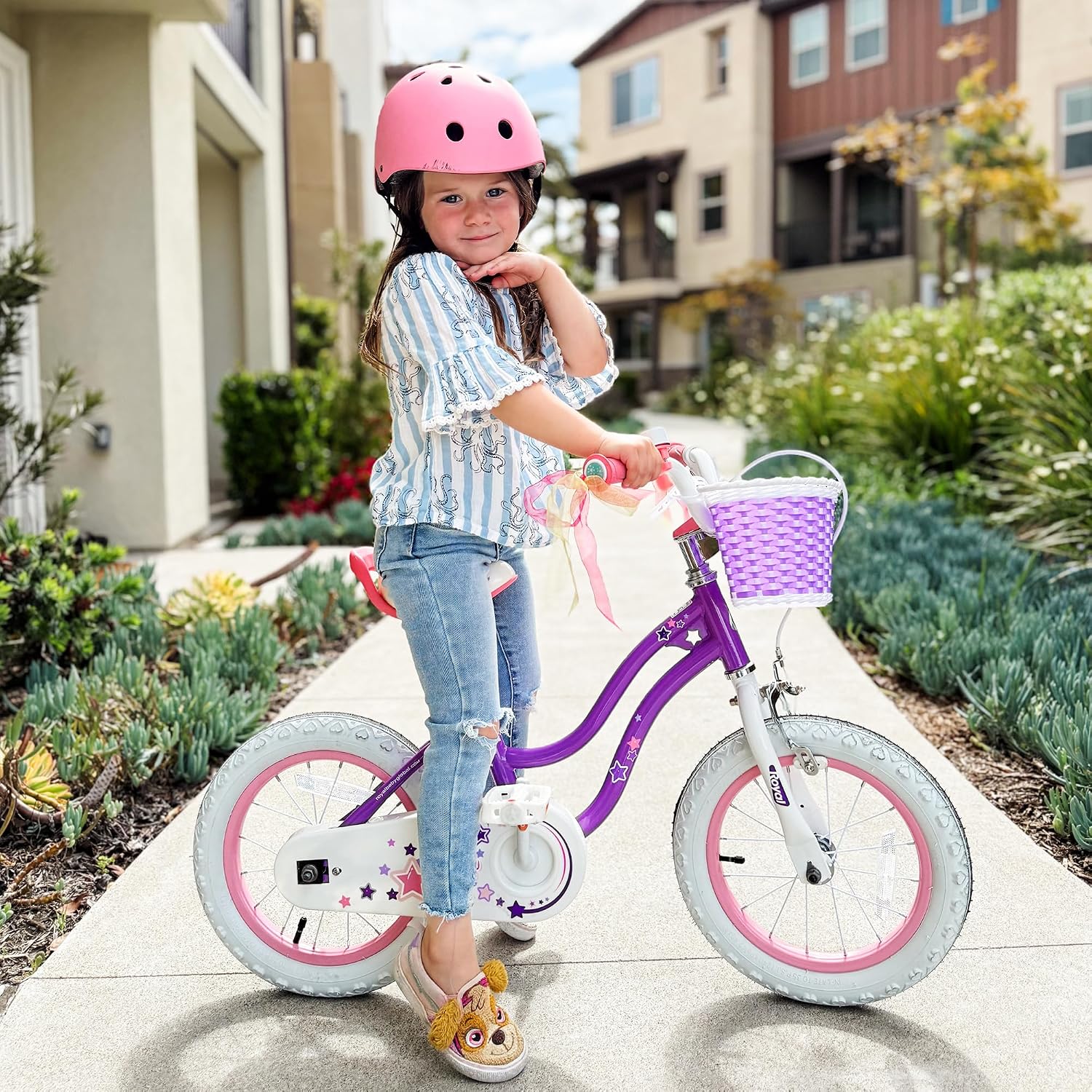 RoyalBaby Stargirl 12 Inch Kids Outdoor Bicycle with Accessory Basket, Bell, Thick Wheels, and Safety Training Wheels for Ages 2-4, Purple