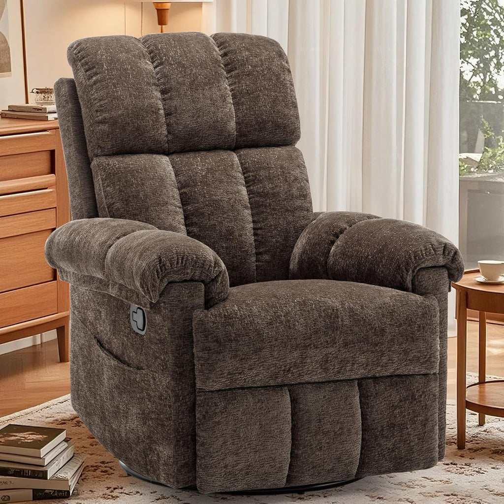 Korser Recliner Chair, Swivel Rocker Recliner Chair for Adults, Small Recliners for Small Spaces, Upholstered Manual Recliner with Side Pockets, Nursery Rocking Chair for Living Room, Chenille, Brown