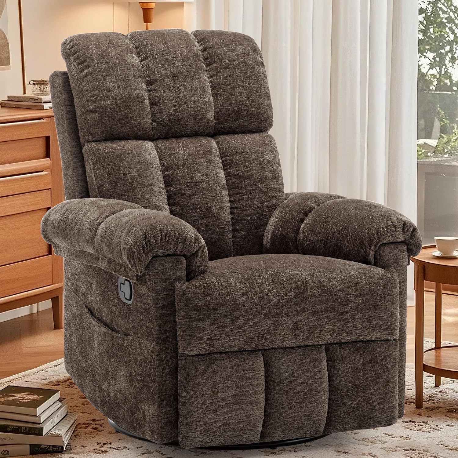 Korser Recliner Chair, Swivel Rocker Recliner Chair for Adults, Small Recliners for Small Spaces, Upholstered Manual Recliner with Side Pockets, Nursery Rocking Chair for Living Room, Chenille, Brown