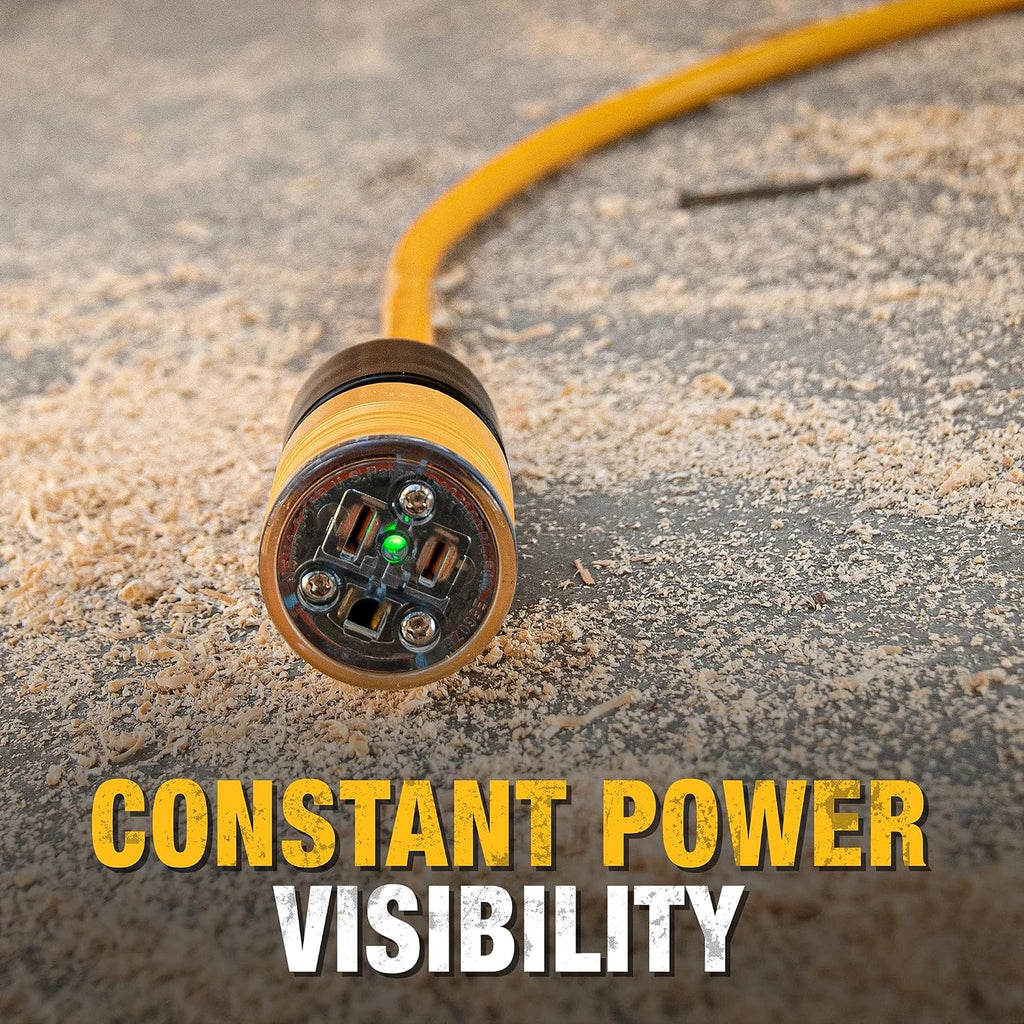 DEWALT 50 Foot Extension Cord Lighted Click-to-Lock 10/3 SJTW - Heavy Duty Outdoor, Waterproof, Weatherproof, Heat & Corrosion Resistant Industrial Strength Light Up Three Prong Outlet Plug Power Cord