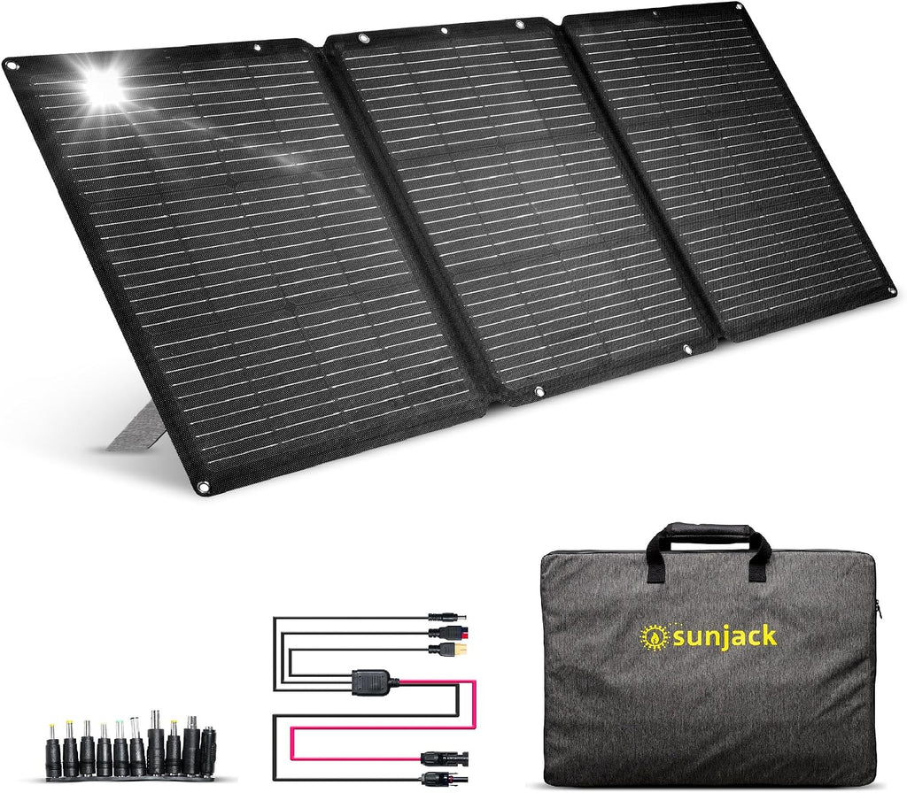 SunJack 120W Foldable Portable Solar Panel Charger with Kickstands, MC4/PD60 USB-C/USB-A, ETFE Monocrystalline, Waterproof Solar Charger for Camping, RV, Power Station, Generator, Off Grid, Emergency