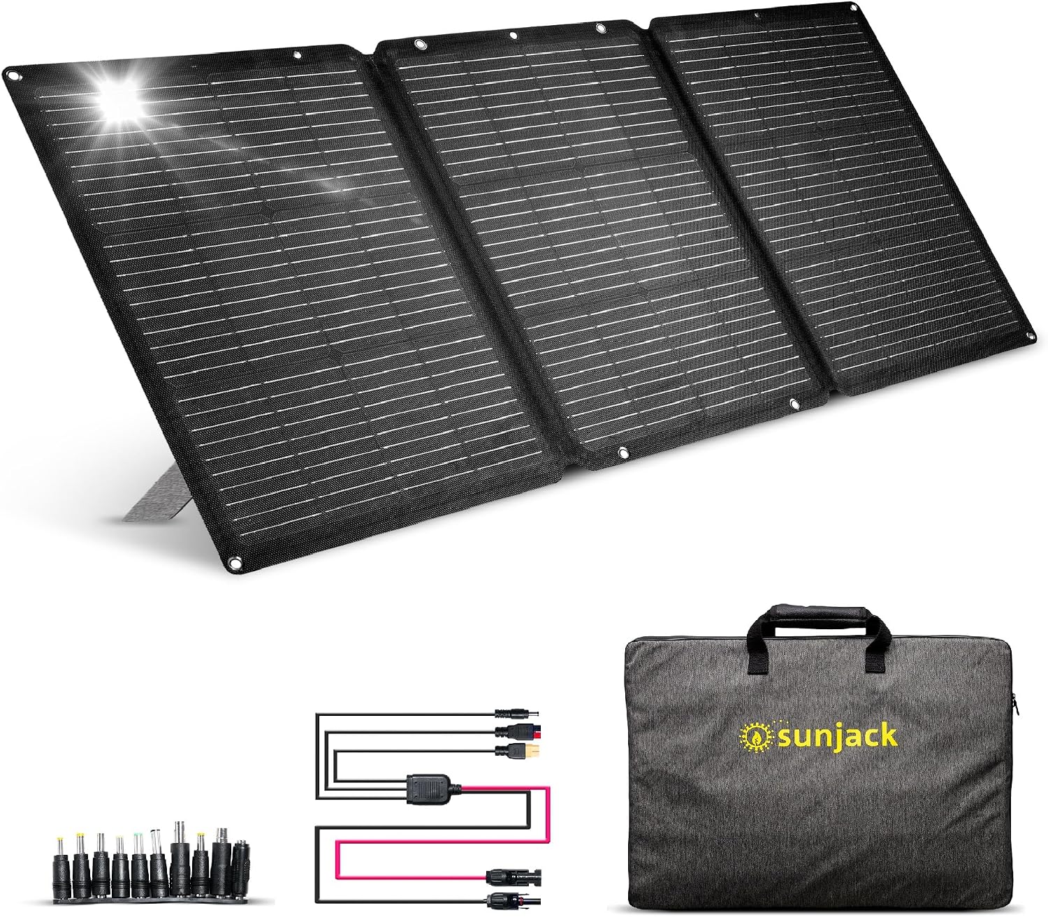 SunJack 120W Foldable Portable Solar Panel Charger with Kickstands, MC4/PD60 USB-C/USB-A, ETFE Monocrystalline, Waterproof Solar Charger for Camping, RV, Power Station, Generator, Off Grid, Emergency