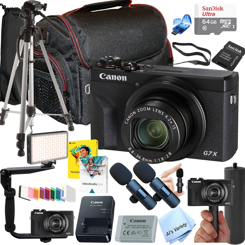 Canon PowerShot G7 X Mark III Digital Camera, Video Kit with Accessories: LED Video Light, 64GB Memory, Wireless Microphones, Video Stabilizing Bracket, Case, Tripod, Grip, Software, & More (Renewed)