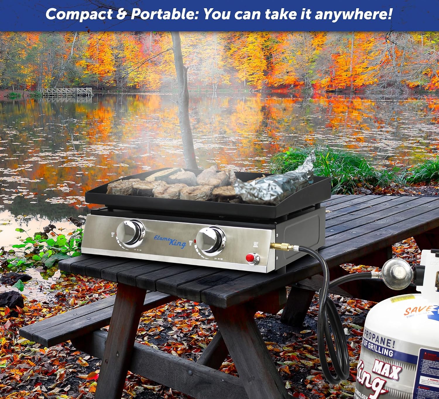 Flame King 22-inch Double Burner Flat Top Griddle for Outdoor BBQ Grill, Portable Propane Gas Griddle for Camping and Tailgating