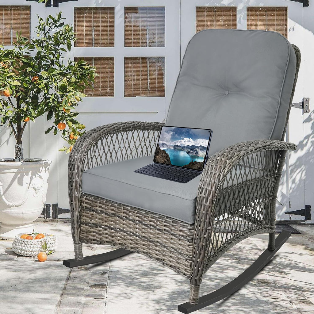 Outdoor Wicker Rocking Chair, All Weather Resin Rattan Wicker Rocking Chairs, for Garden Backyard Lown Porch,1pc,Grey