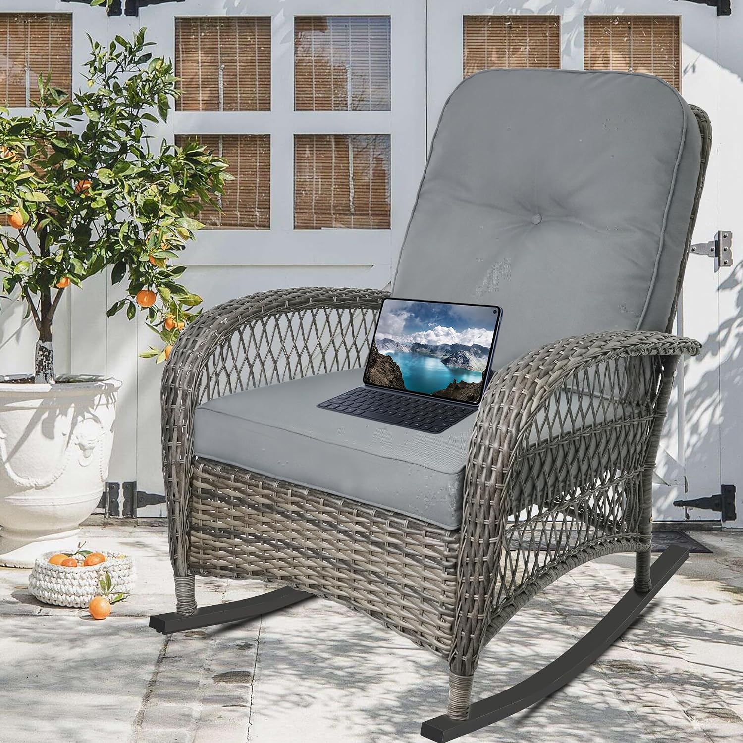 Outdoor Wicker Rocking Chair, All Weather Resin Rattan Wicker Rocking Chairs, for Garden Backyard Lown Porch,1pc,Grey