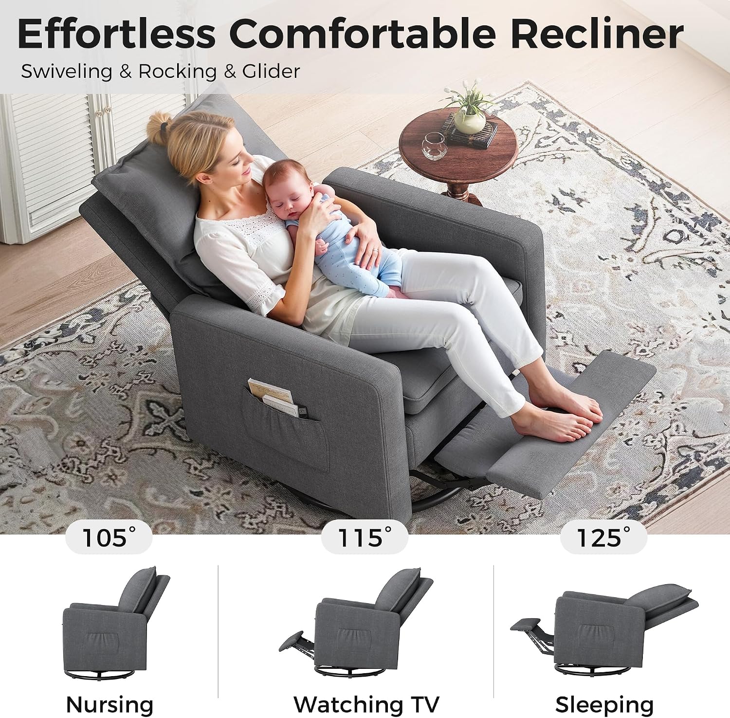 Amopatio Nursery Rocking Recliner, 360° Swivel Glider Chair with Adjustable Backrest, 20° Rocking Nursing Chair, High-Density Cushion Lounge Chair for Nursery Living Room Reading Rest(300 LBS)
