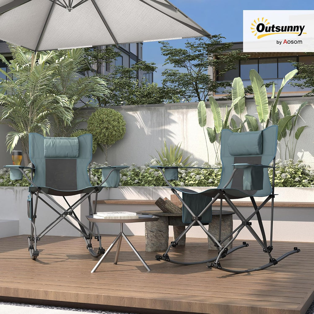 Outsunny Folding Rocking Camping Chairs for Adults, Portable Outdoor Rocking Chairs with Headrest, Cooler Bag, Cup Holder, Carry Bag for Picnic Outside and Outdoor Travel, 2 Pack, Gray