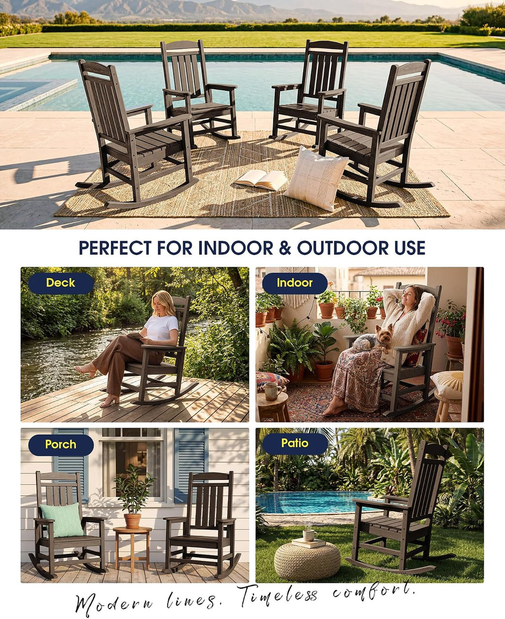 KINGYES Oversized Outdoor Rocking Chair Set 2, All Weather HDPE Patio Rocking Chairs for Adults, Coffee Brown