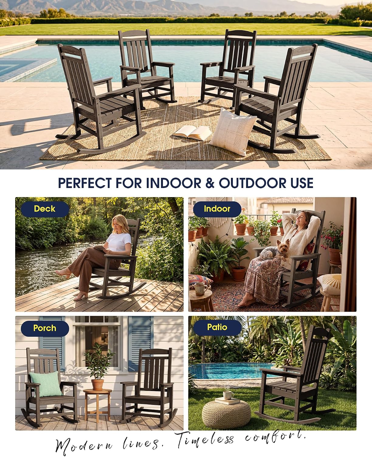 KINGYES Oversized Outdoor Rocking Chair Set 2, All Weather HDPE Patio Rocking Chairs for Adults, Coffee Brown
