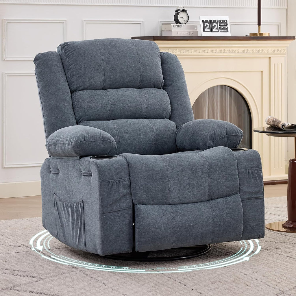 Rocking Recliner Chair for Adults Wide 360° Swivel Rocker Recliner with Cup Holder Nursery Glider with Upholstered Deep Seat Linen Lazy boy Chair for Living Room Blue