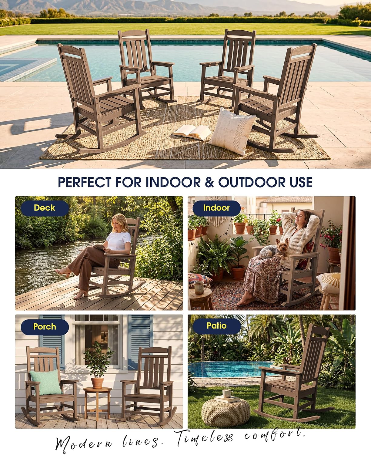 KINGYES Oversized Outdoor Rocking Chair Set of 2, High Density Polyethylene Patio Rocking Chairs with 330lbs Support for Adults, Brown