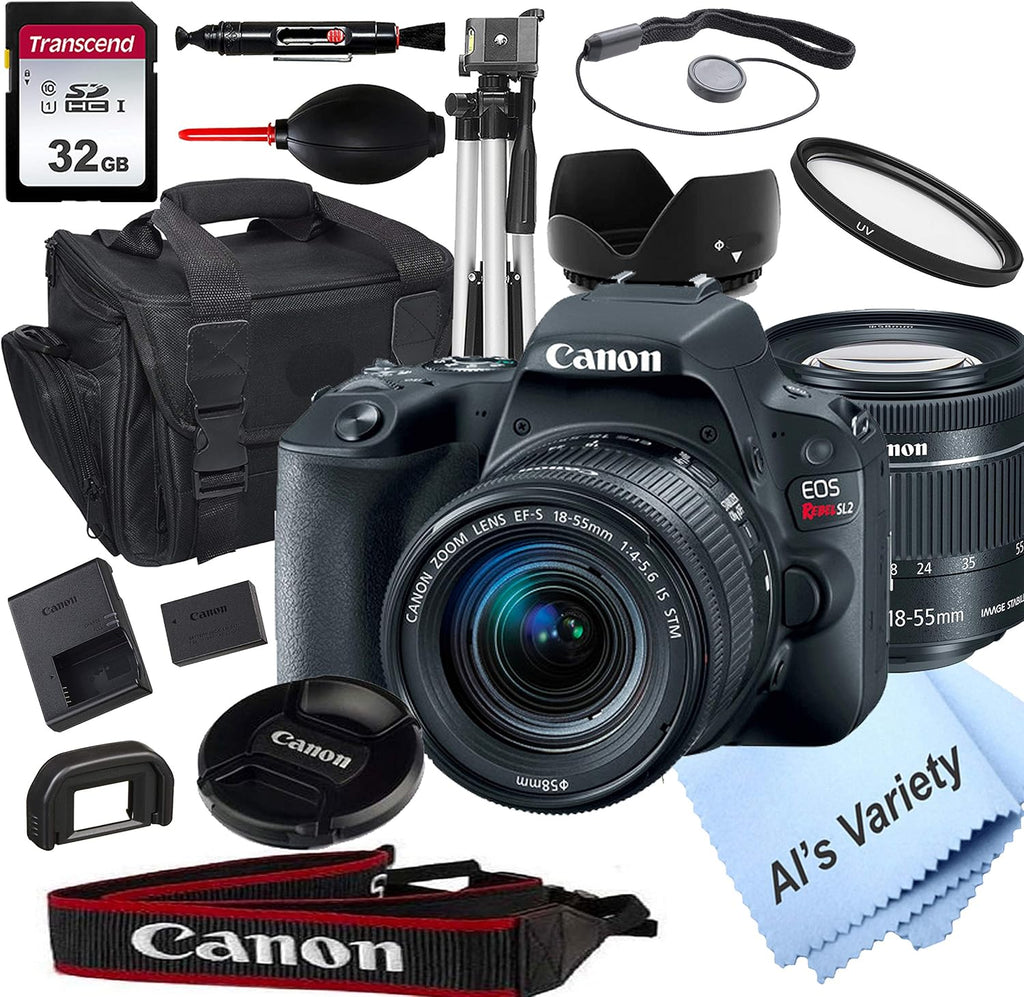 Canon EOS Rebel SL2 DSLR Camera with 18-55mm f/3.5-5.6 STM Zoom Lens + 32GB Card, Tripod, Case, and More (18pc Bundle) (Renewed)