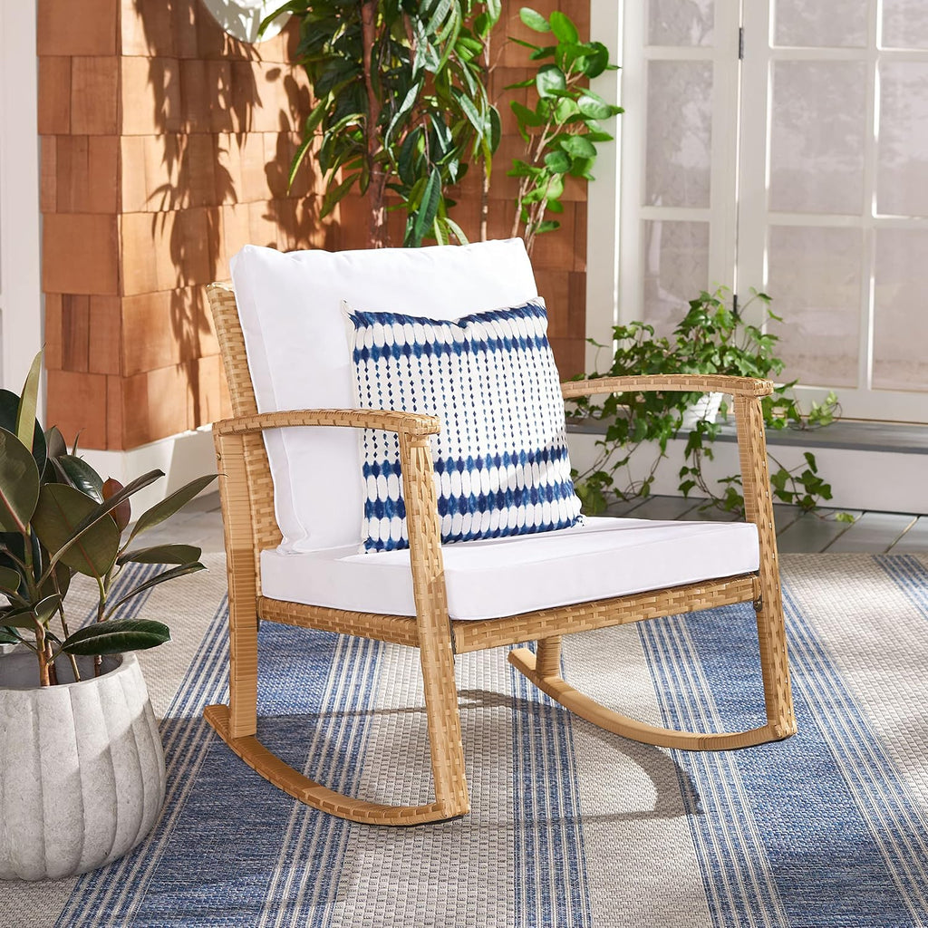 SAFAVIEH Outdoor - Daire Rocking Chair - Natural & White - Steel Frame Faux & Rattan with Cushion - Open-Frame Design - Ideal for Patio, Deck, Porch, Backyard, 14.4' Seat Height (PAT7721D)