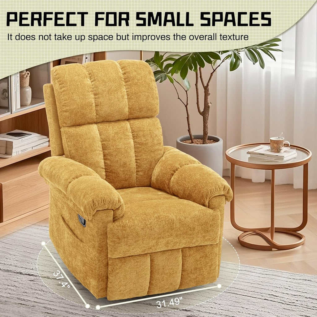 Korser Recliner Chair, Swivel Rocker Recliner Chair for Adults, Small Recliners for Small Spaces, Upholstered Manual Recliner with Side Pockets, Nursery Rocking Chair for Living Room, Chenille, Yellow