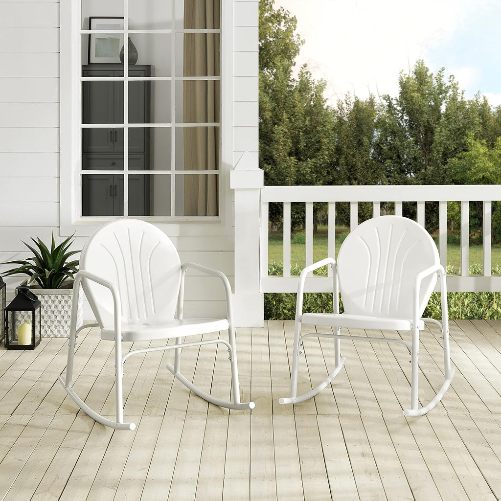 Crosley Furniture Griffith Retro Metal Outdoor Rocking Chairs, Set of 2, for Porch, Deck, Balcony, Backyard, White Gloss