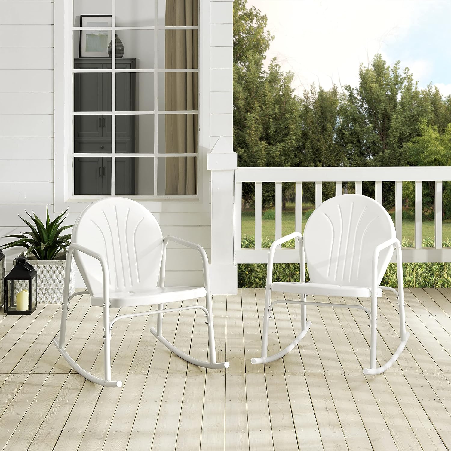 Crosley Furniture Griffith Retro Metal Outdoor Rocking Chairs, Set of 2, for Porch, Deck, Balcony, Backyard, White Gloss