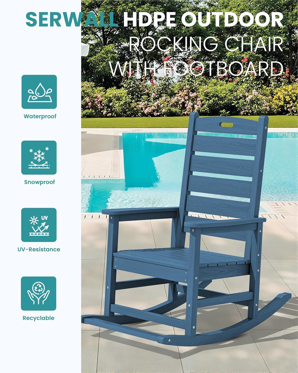 SERWALL Outdoor Rocking Chair Set of 4, Oversized HDPE Patio Rocking Chair with Footrest for Adults, All Weather Porch Rocker for Deck Patio Balcony, Navy