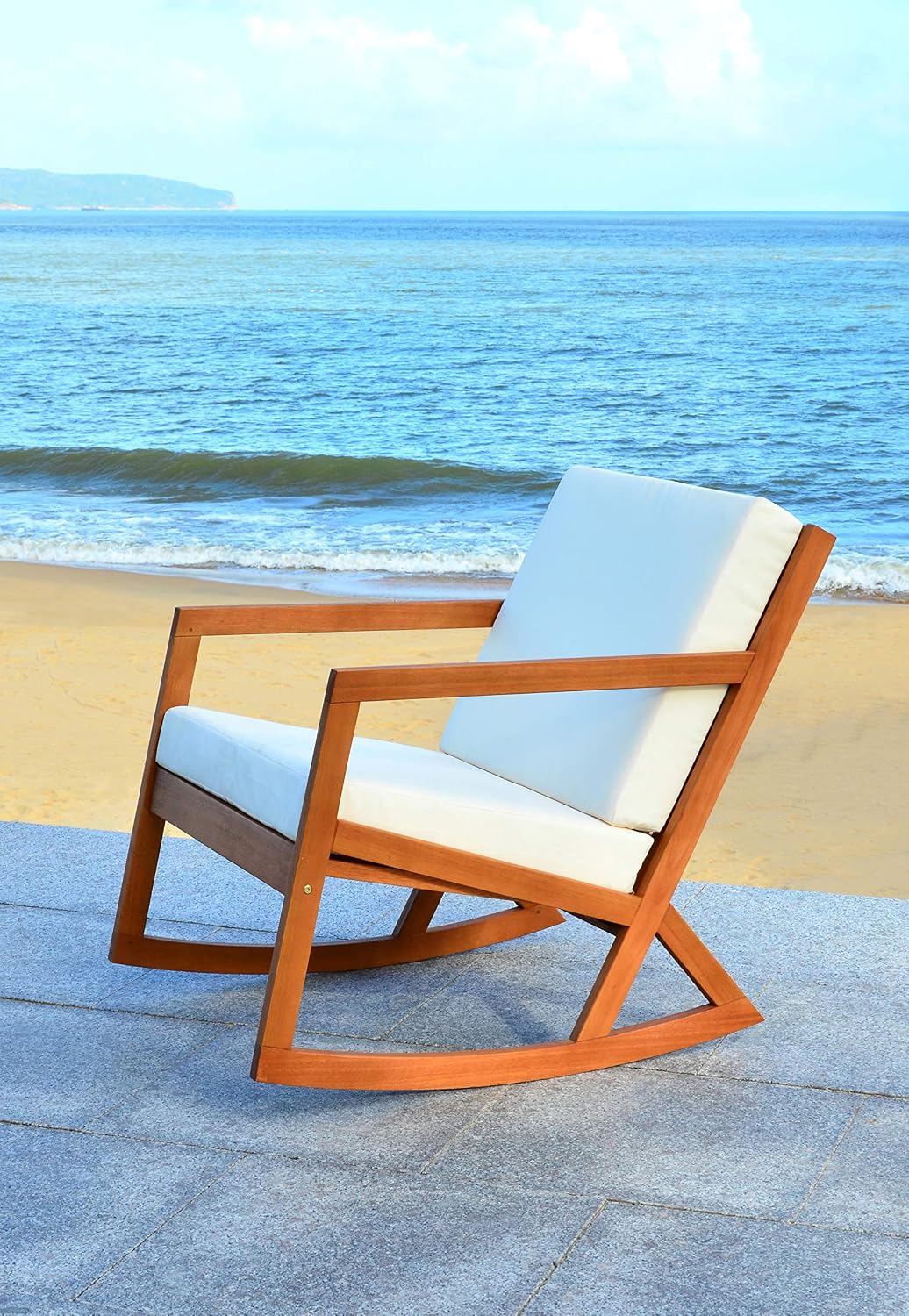 SAFAVIEH Outdoor - Vernon Rocking Chair - Natural & Beige - Solid Wood with Cushion - Shaker-Inspired Slatted Design - Ideal for Patio, Deck, Porch, Backyard, 24.6' Seat Height (PAT7013A)