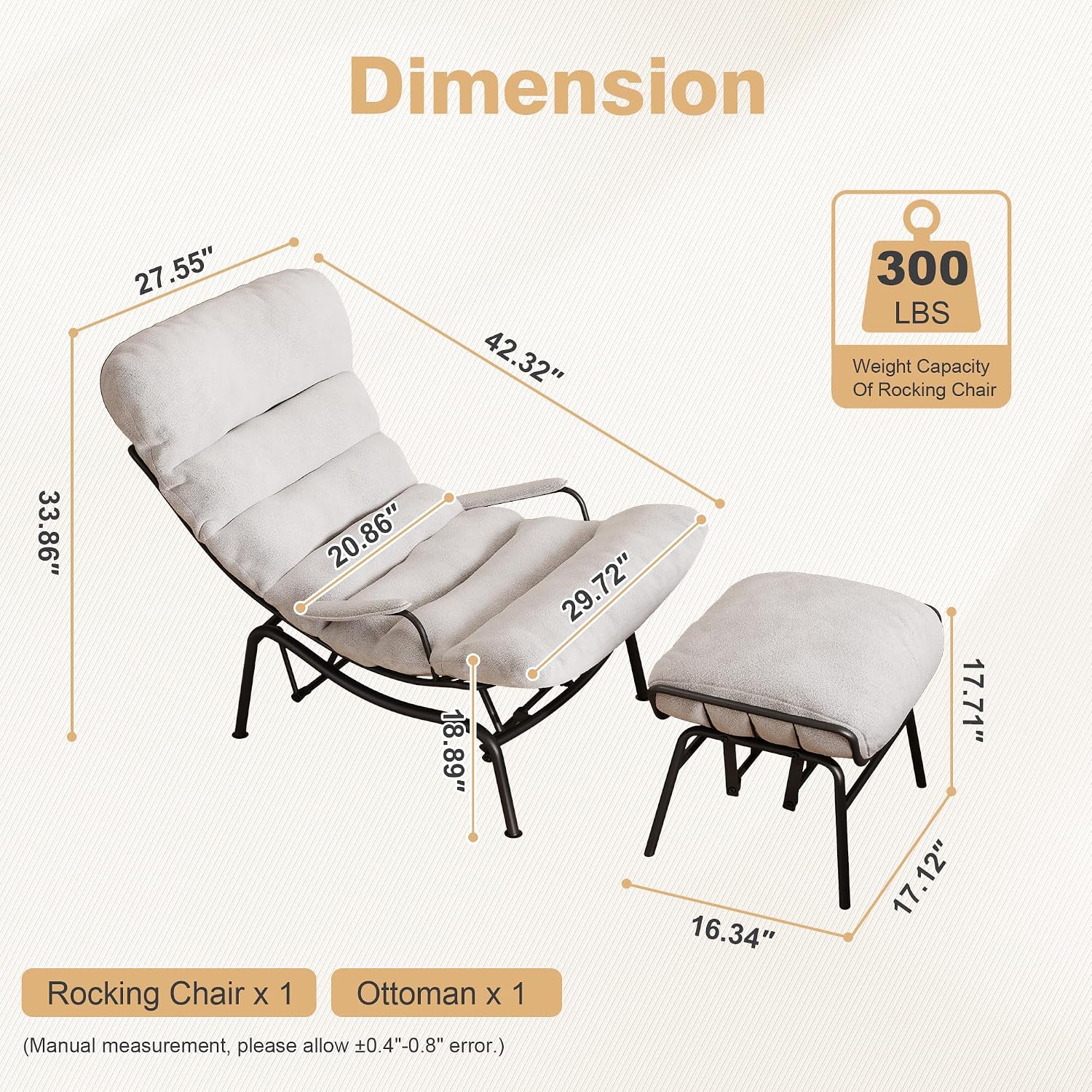 ovios Glider Rocking Chair with Ottoman, Mid-Century Modern Recliner Chair with Footrest, Comfy Gliding Rocker Lazy Accent Armchair for Living Room Bedroom, Cloud Plush Velvet, White