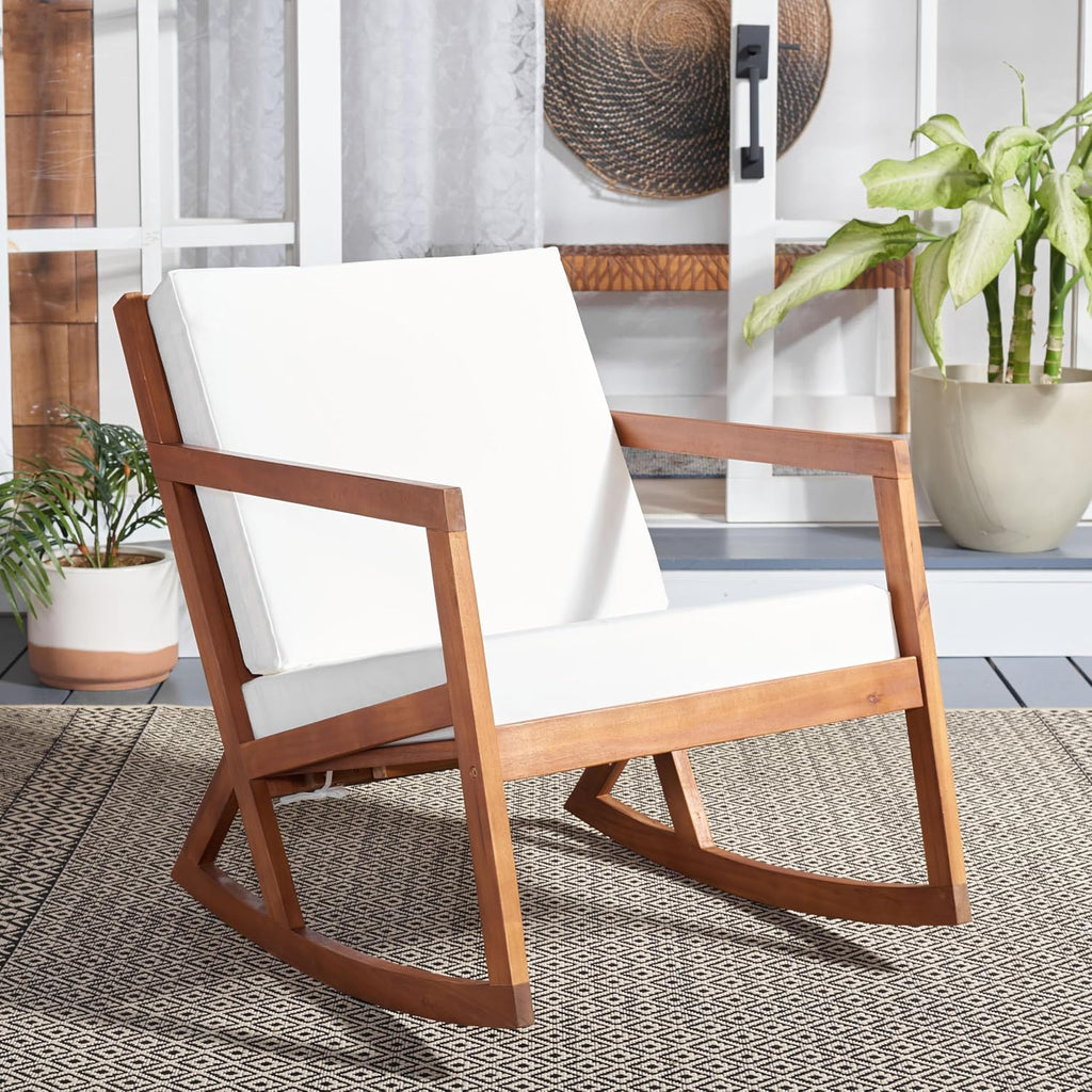 SAFAVIEH Outdoor - Vernon Rocking Chair - Natural & Beige - Solid Wood with Cushion - Shaker-Inspired Slatted Design - Ideal for Patio, Deck, Porch, Backyard, 24.6' Seat Height (PAT7013A)
