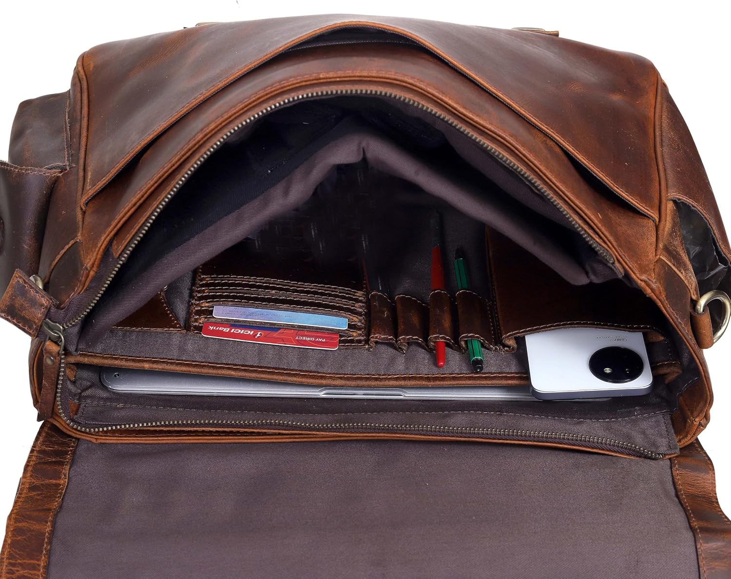 18-Inch Brown Premium Leather Messenger Bag for Men & Women - Briefcase, Camera & Laptop, Crossbaody, Handbag, Shoulder, Travel Bag