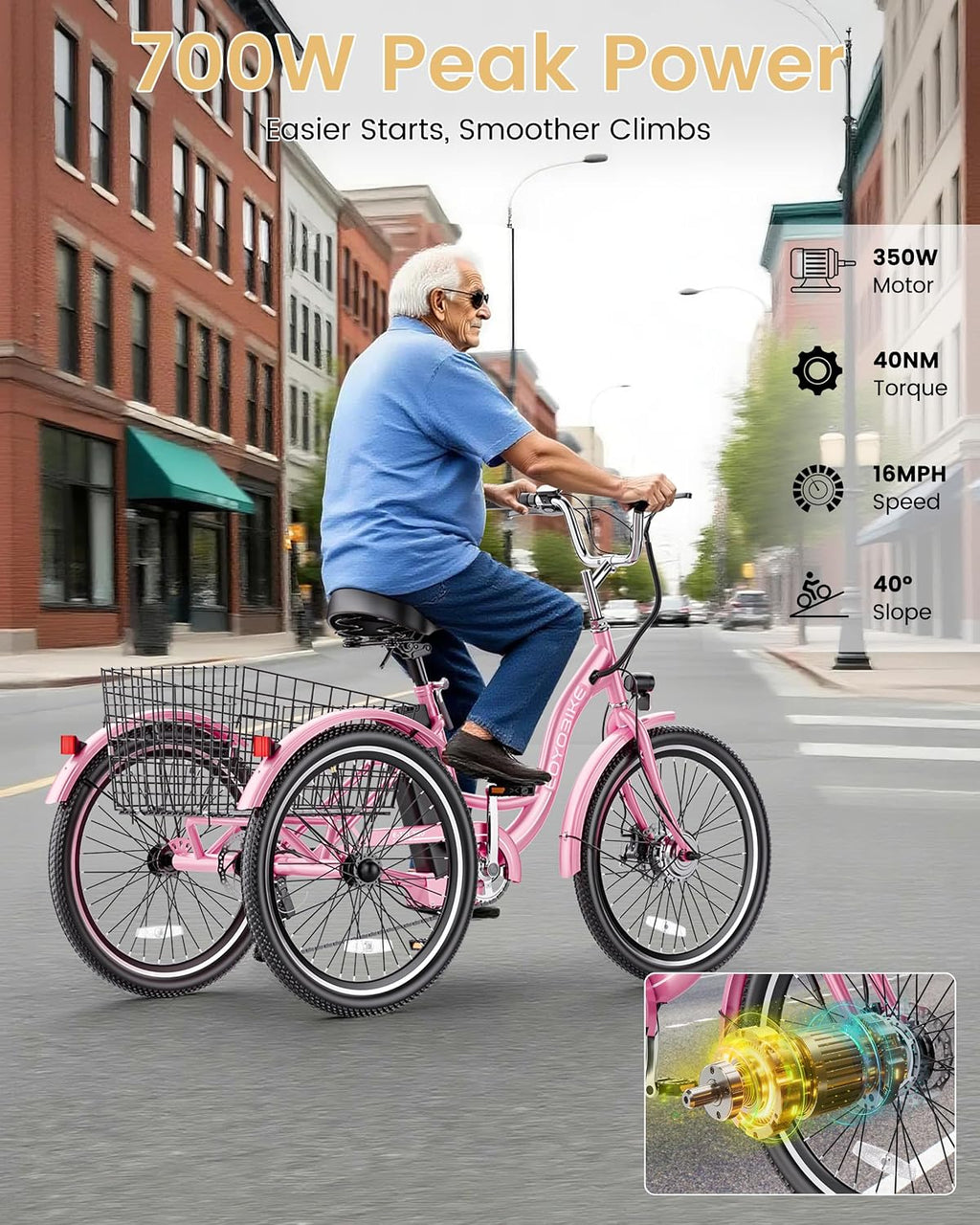 MOONCOOL Electric Tricycle for Adults, 350W 36V Removable Battery, 7 Speeds 3 Wheels Electric Trikes with Large Basket Up to 60Miles
