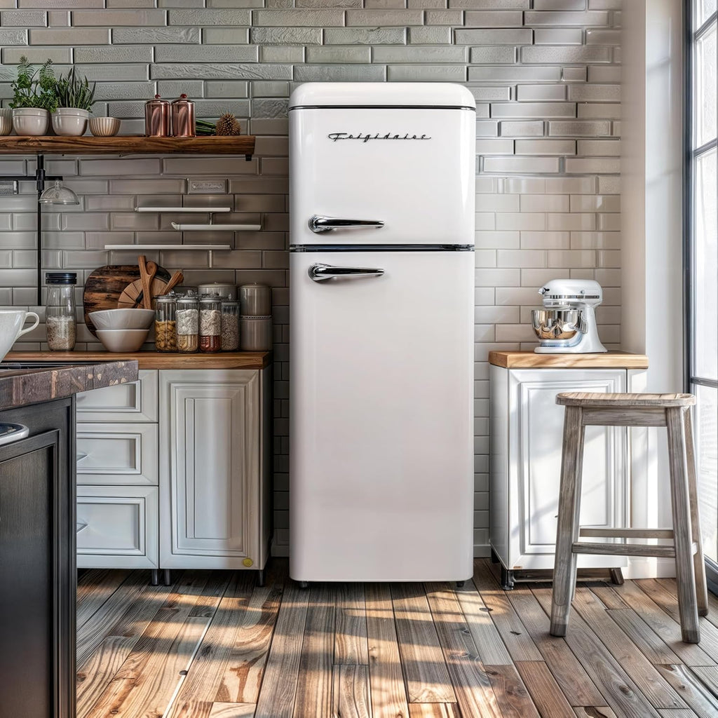 Frigidaire, 2 Door Apartment Size RETRO Refrigerator with Top Freezer, Chrome Handles, 7.5 cu ft
