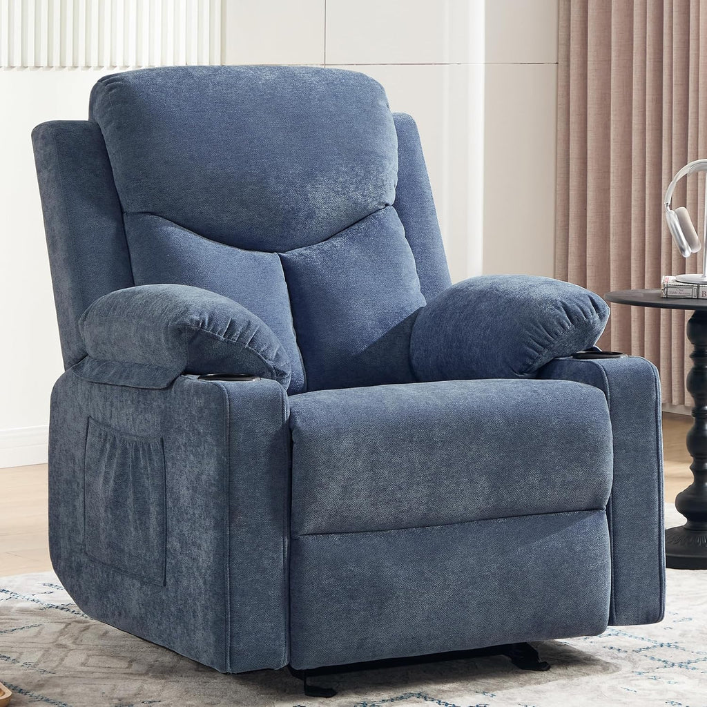 Manual Rocker Recliner Chair for Adults with Vibration Massage,Glider Rocking Recliner Chairs for Living Room Bedroom Overstuffed Reclining Sofa Chair with Pockets and Cup Holds (Navy Blue)