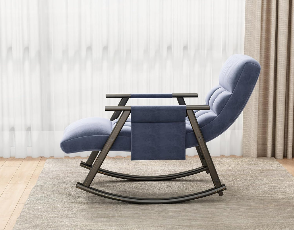 LUMISOL Modern Blue Velvet High Back Recliner Rocking Chair with Adjustable Footrest, Side Pockets, Indoor Use, Adult Size, 42.2'L x 23.3'W x 34.7'H, 300 lbs Capacity