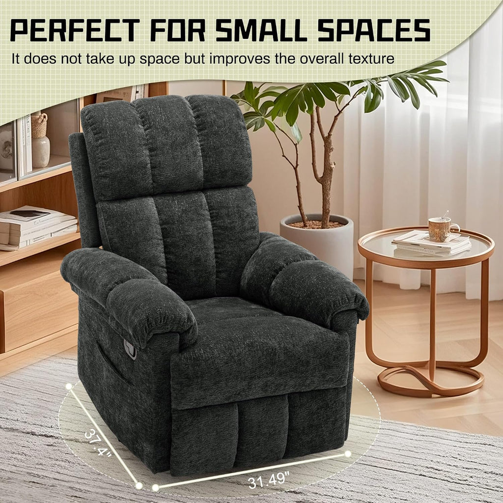 Korser Recliner Chair, Swivel Rocker Recliner Chair for Adults, Small Recliners for Small Spaces, Upholstered Manual Recliner with Side Pockets, Nursery Rocking Chair for Living Room, Chenille, Black