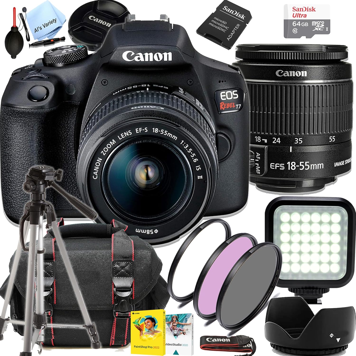 Canon EOS Rebel T7 DSLR Camera with 18-55mm f/3.5-5.6 Lens| 24.1MP APS-C CMOS Sensor | Full HD 1080/30 | DIGIC 4+ with, 64GB Memory, LED Video Light, Filter, Tripod and More (Renewed)