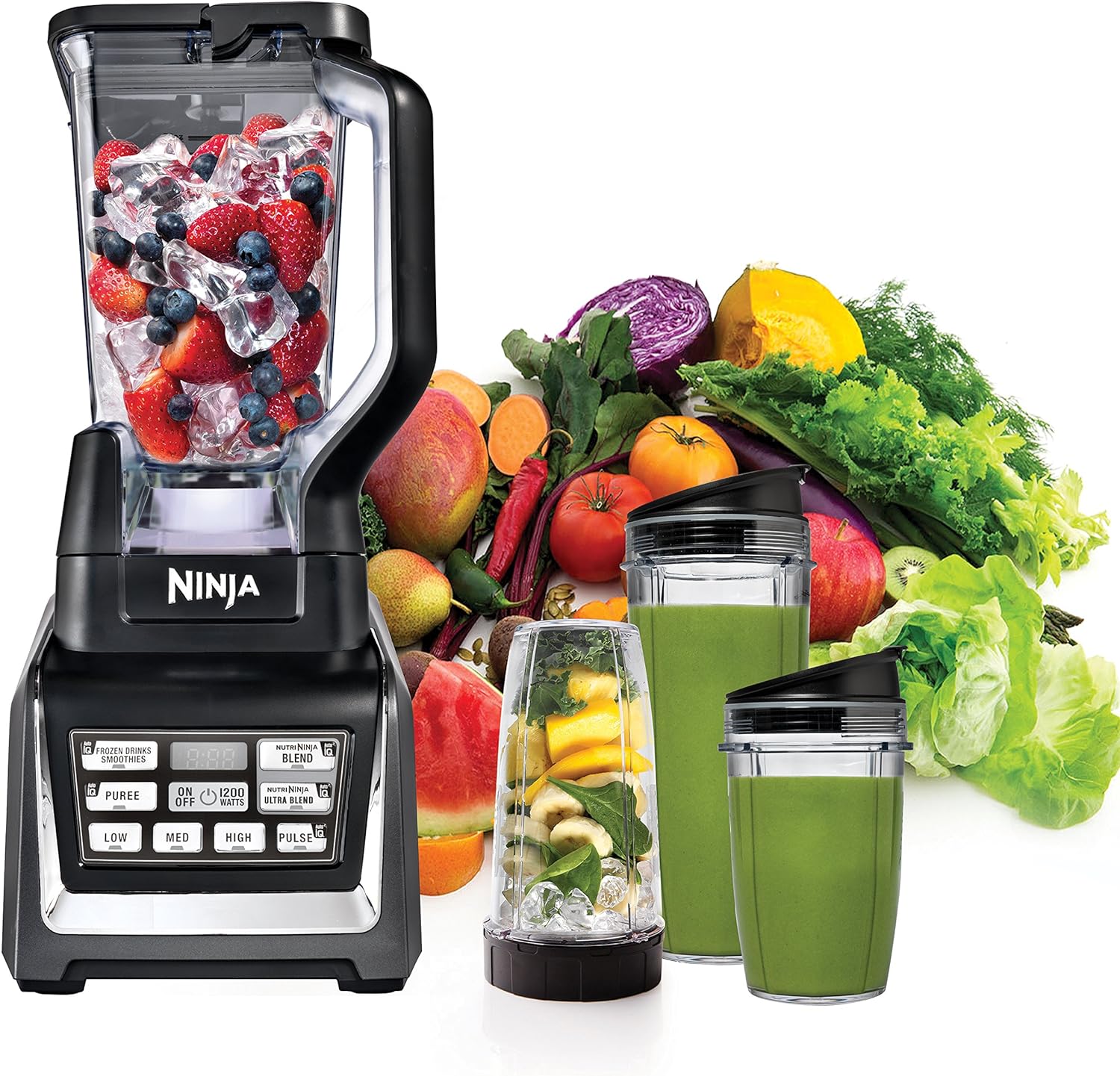 Ninja BL642 Nutri Ninja Personal & Countertop Blender with 1200W Auto-iQ Base, 72 oz. Pitcher, and 18, 24, & 32 oz. To-Go Cups with Spout Lids, For Smoothies, Shakes & More, Dishwasher Safe, Black