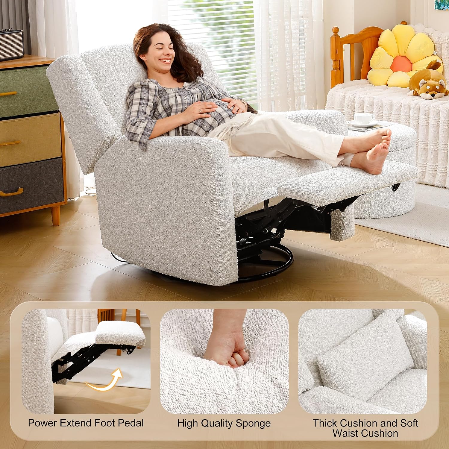 Power Recliner Chair Swivel Gilder Rocking Chairs Skin-Friendly Power Recliner Nursery Chair for Adults with Waist Pillow, USB Charging (Beige, Only Recliner Chair)